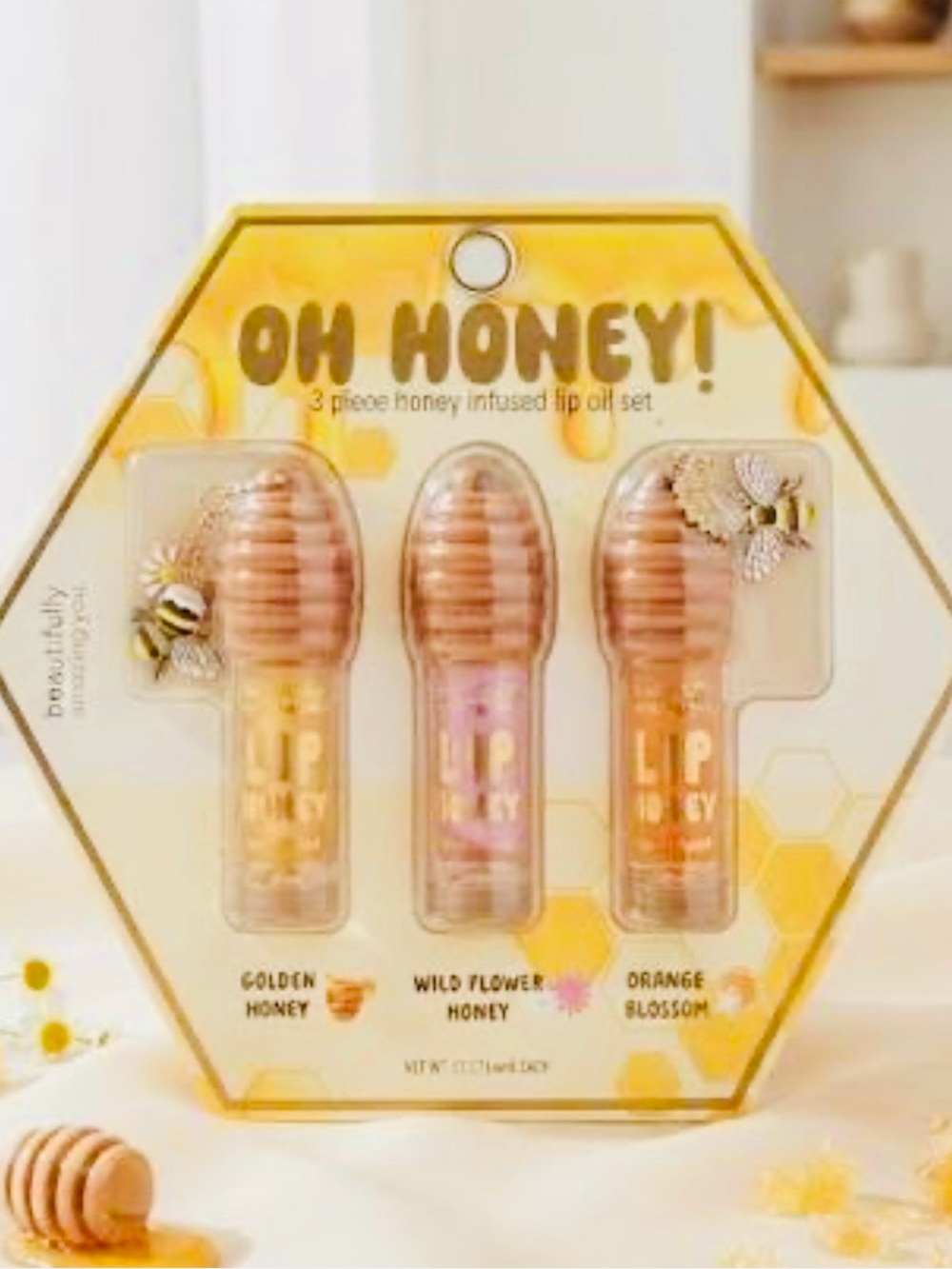 3-Piece Honey Infused Lip Oil Set - Golden, Wild Flower, Orange Blossom